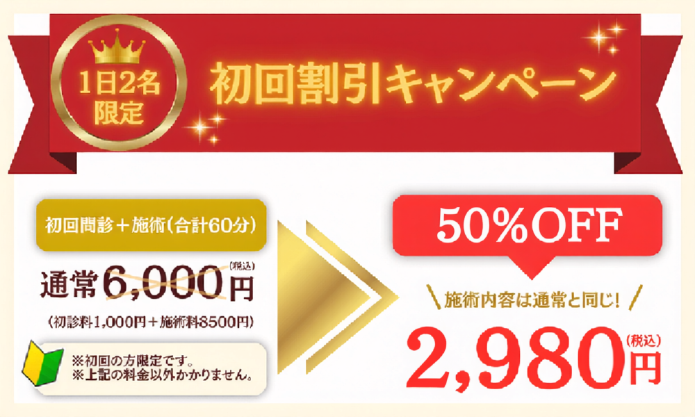 初回割引キャンペーン 1日2名限定 通常6000円から初回2980円